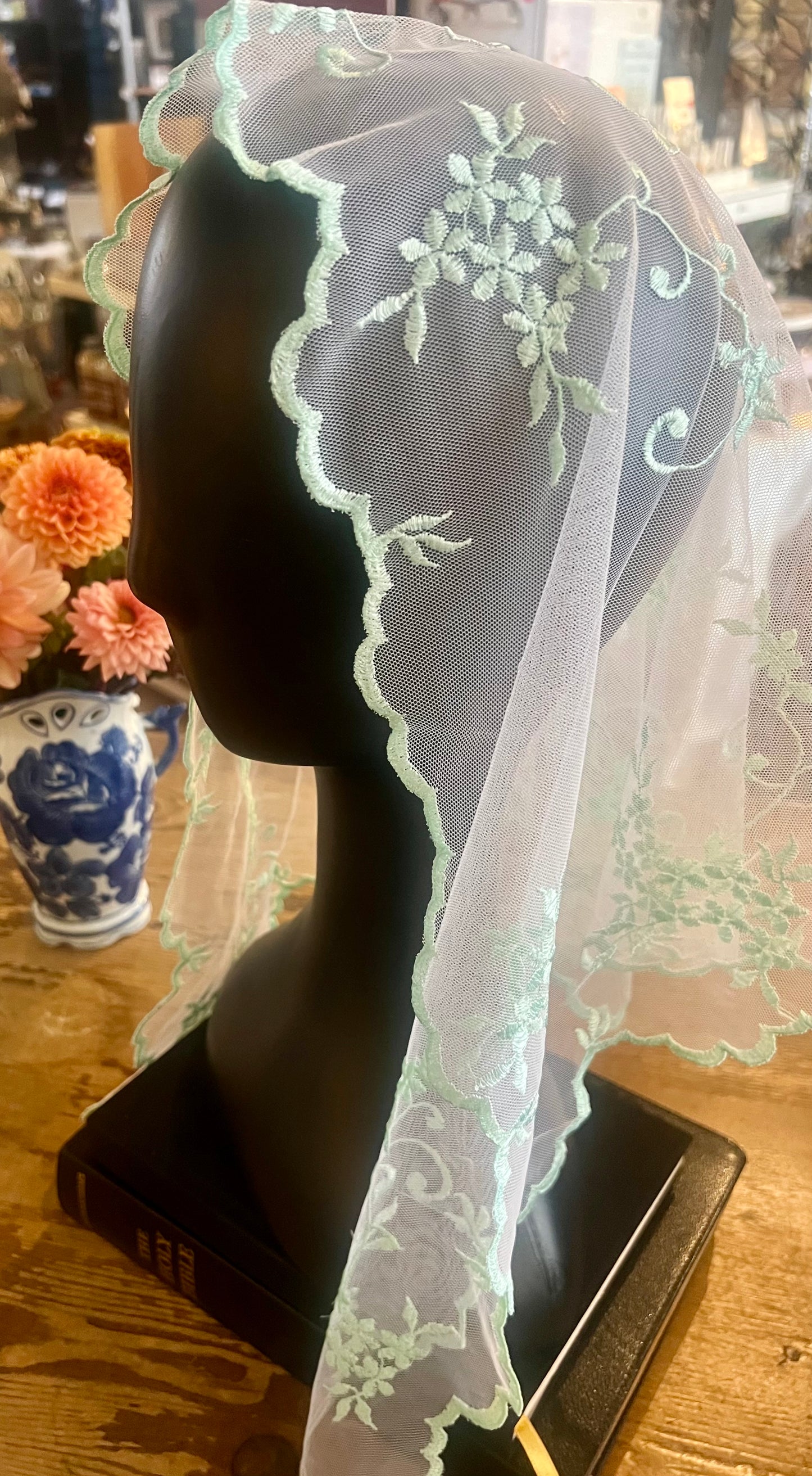 Mint and White traditional latin mass chapel veil mantilla