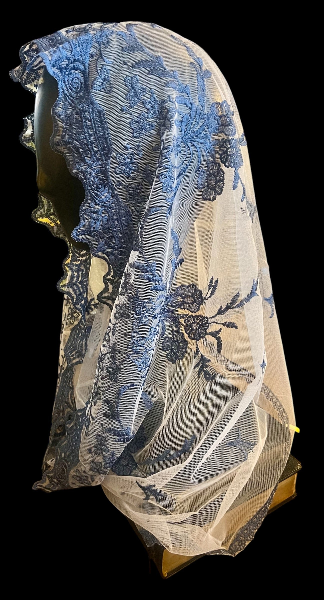 Blue and white traditional Catholic chapel veil mantilla
