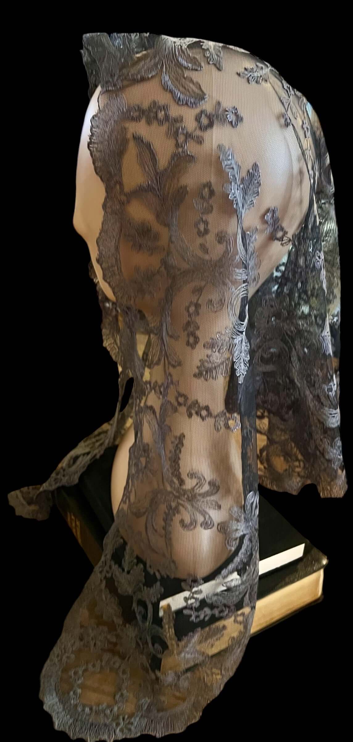 Gray on black traditional latin mass chapel veil mantilla