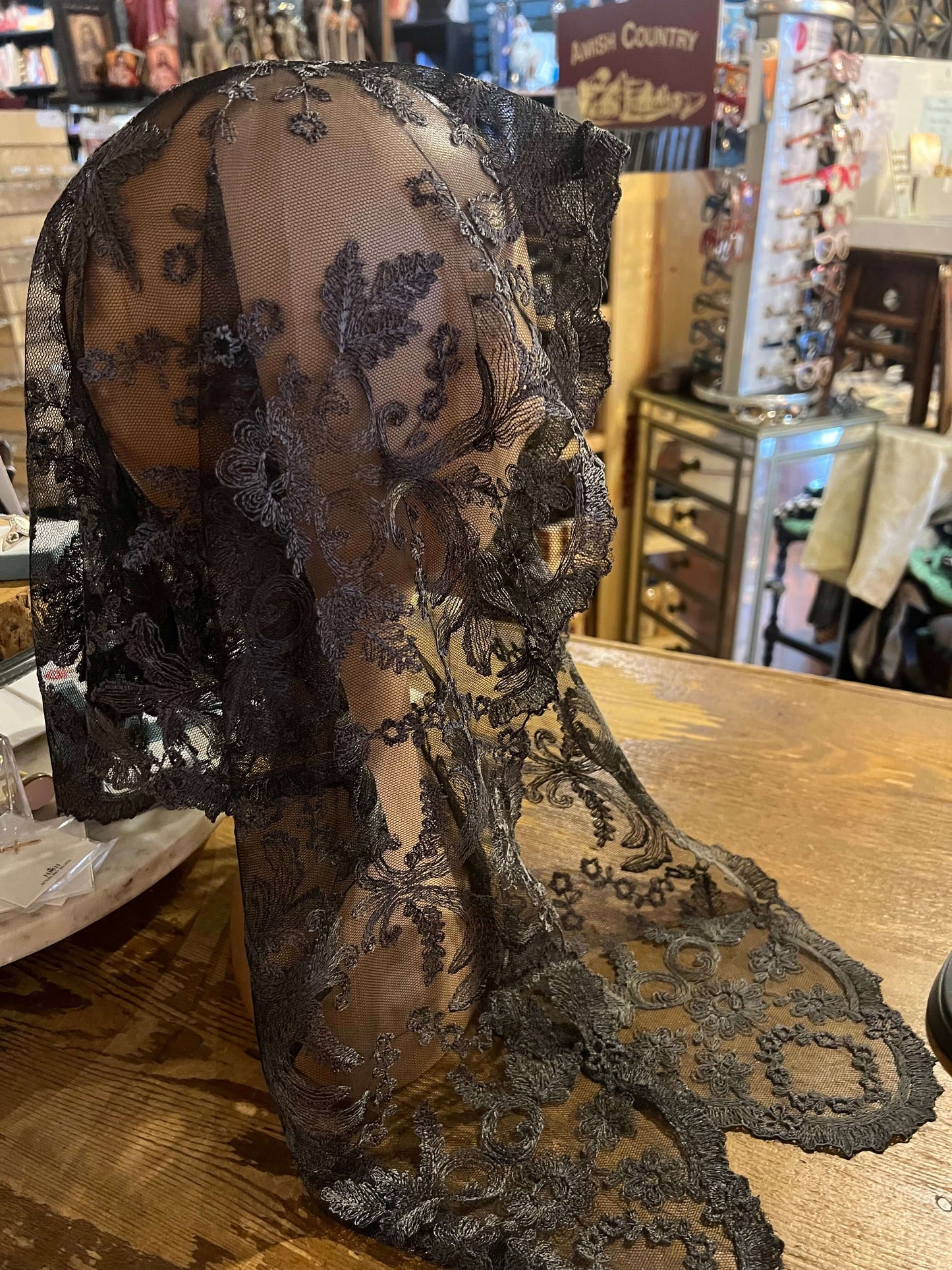 Gray on black traditional latin mass chapel veil mantilla