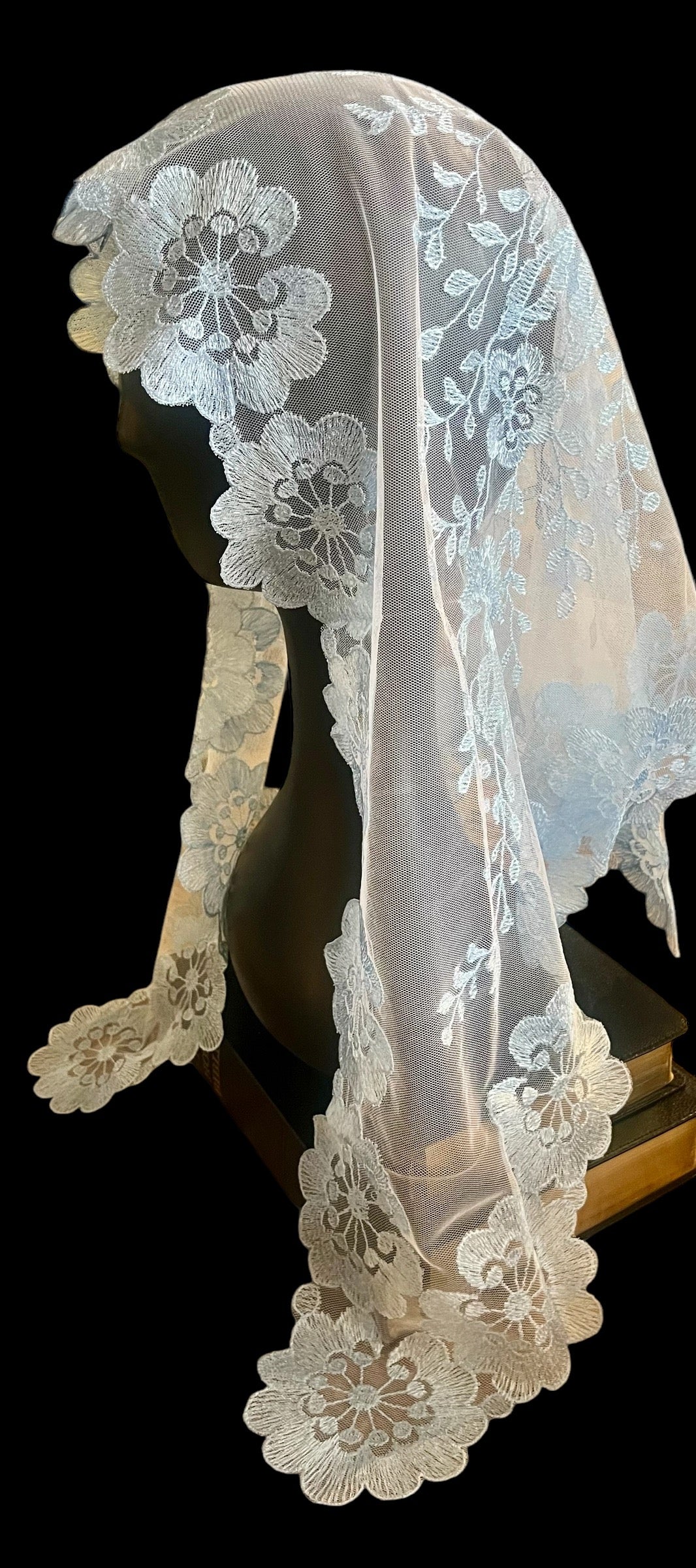 Blue on white traditional latin mass chapel veil mantilla