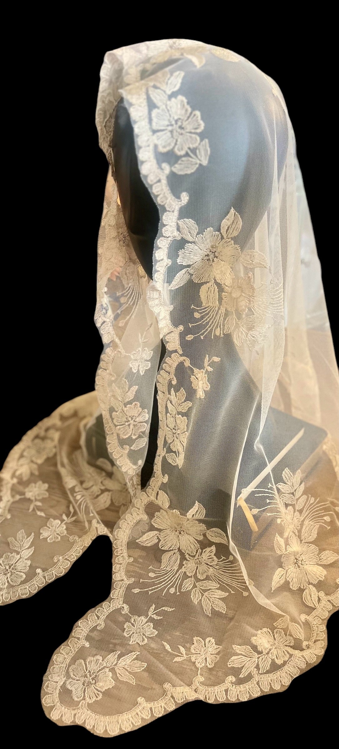 Long off white traditional latin mass chapel veil mantilla