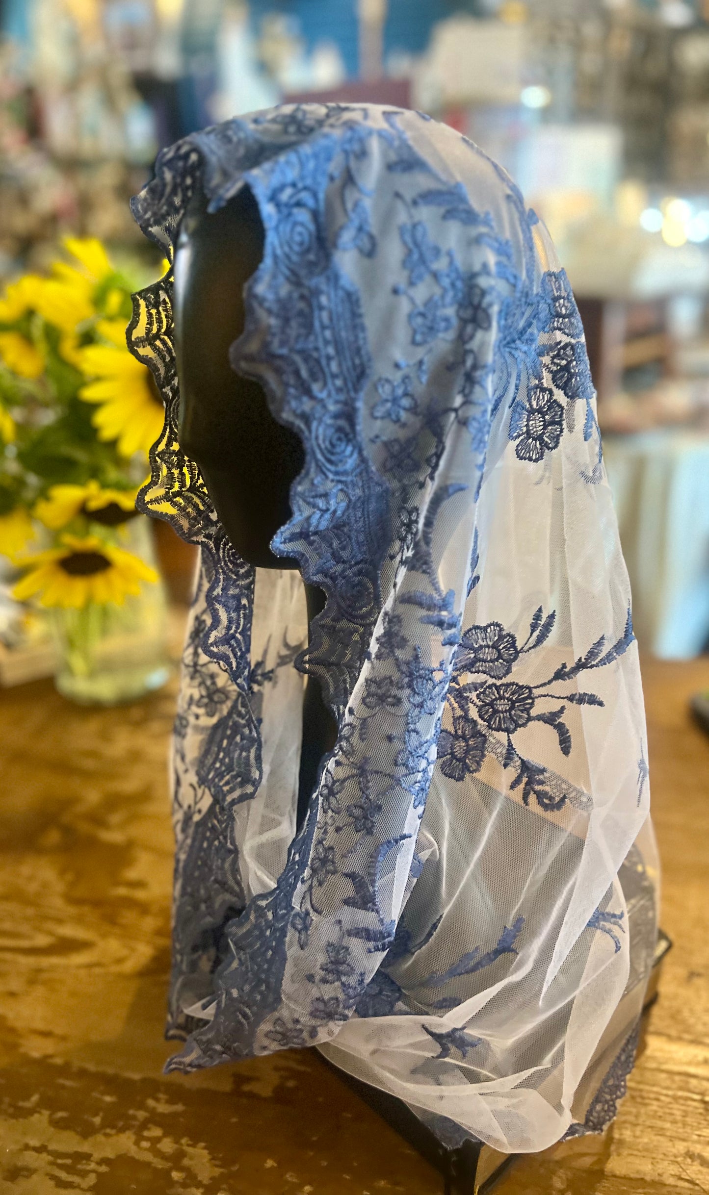 Blue and white traditional Catholic chapel veil mantilla