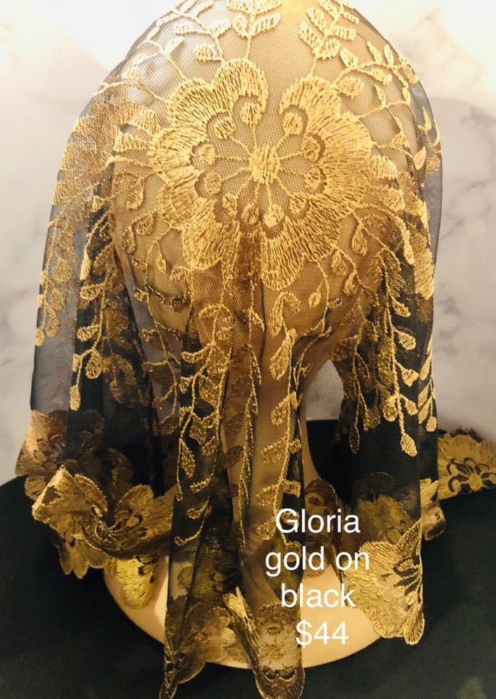 Gold on black lace traditional Catholic chapel veil