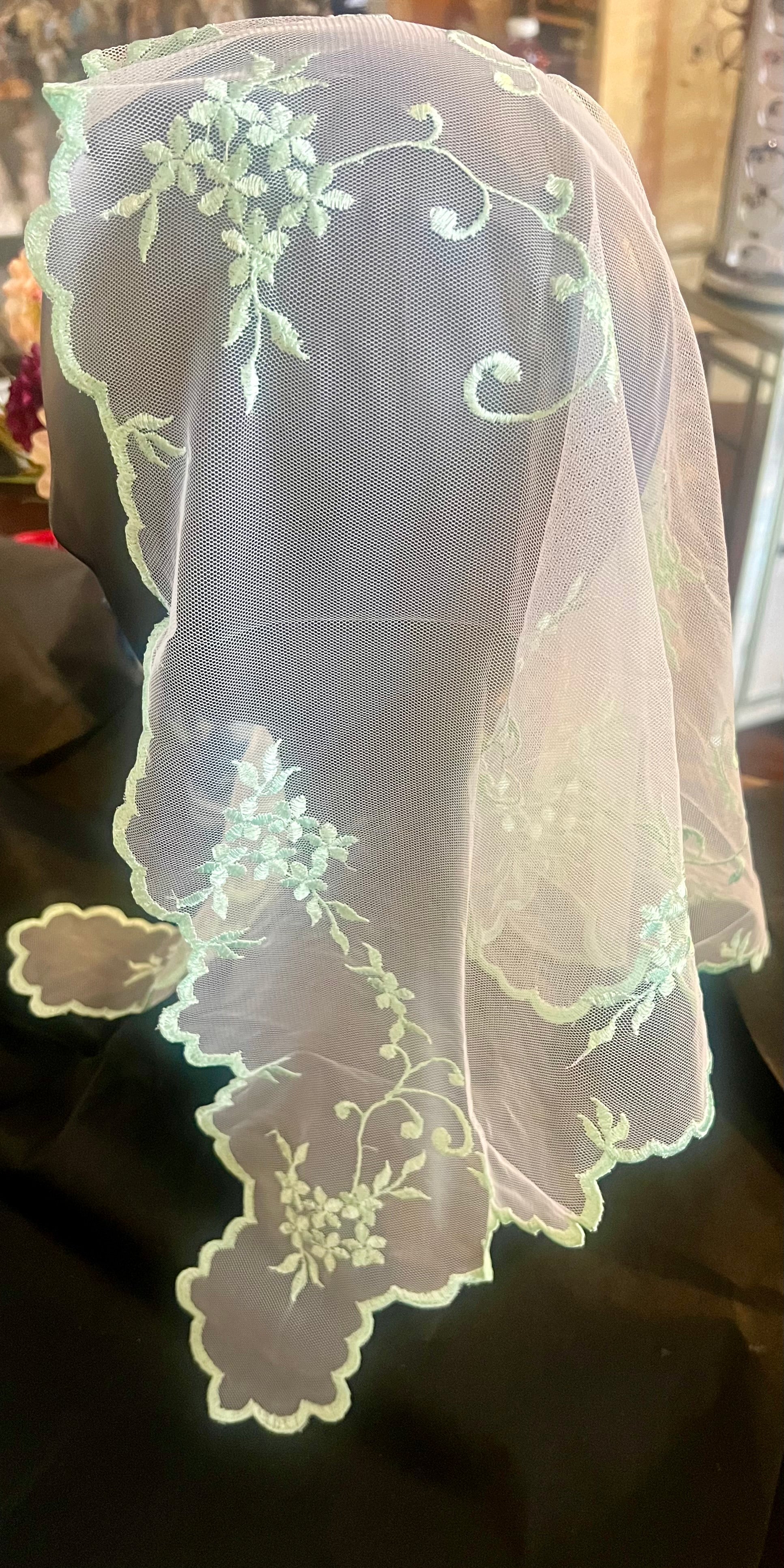 Mint and White traditional latin mass chapel veil mantilla