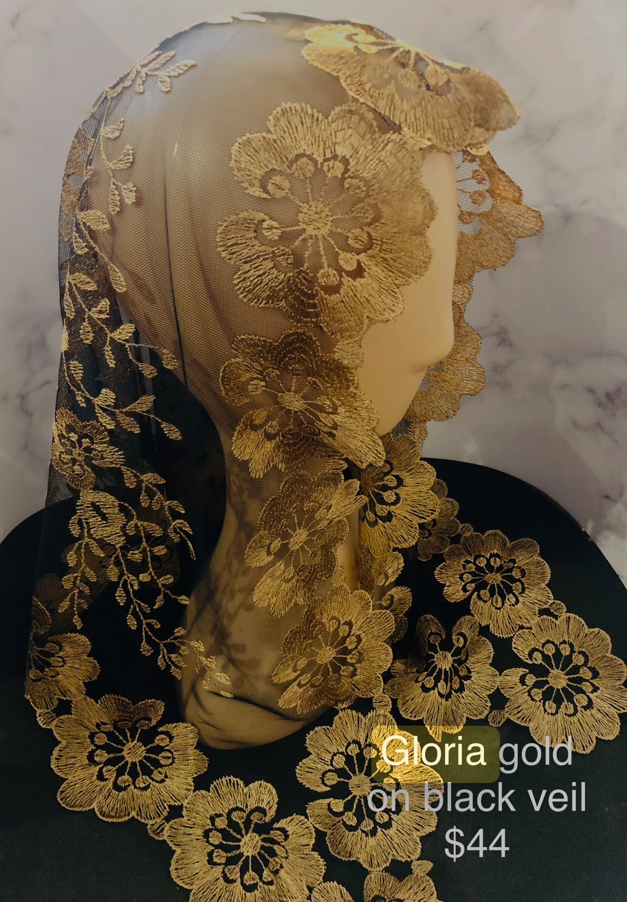 Gold on black lace traditional Catholic chapel veil mantilla