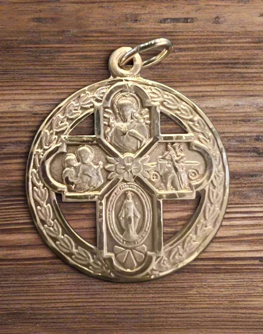Gold Four Way Cross Catholic Round Medal