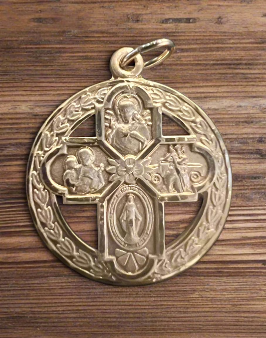 Gold Four Way Cross Catholic Round Medal