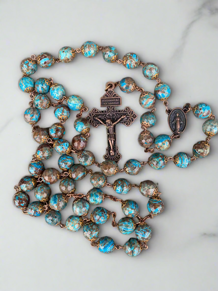 Traditional Copper Catholic rosary with blue marbled beads