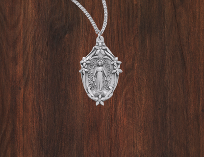 Sterling Silver Miraculous Medal with Floral Boarder