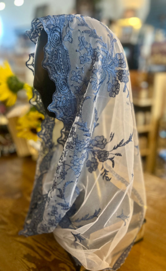 Blue and white traditional Catholic chapel veil mantilla