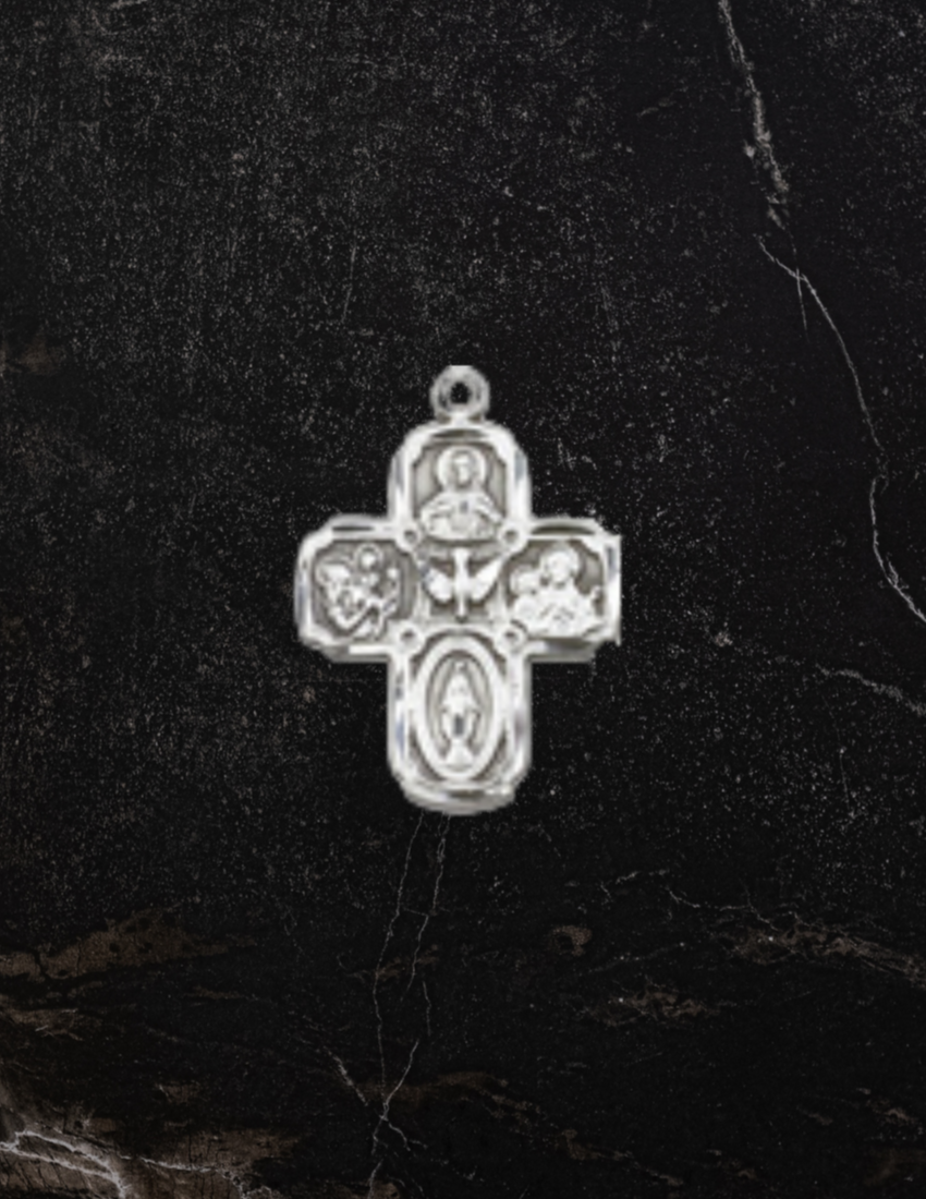 5 way sterling silver medal with St Christopher, Sacred Heart, St Joseph, Miraculous Medal, Holy Spirit