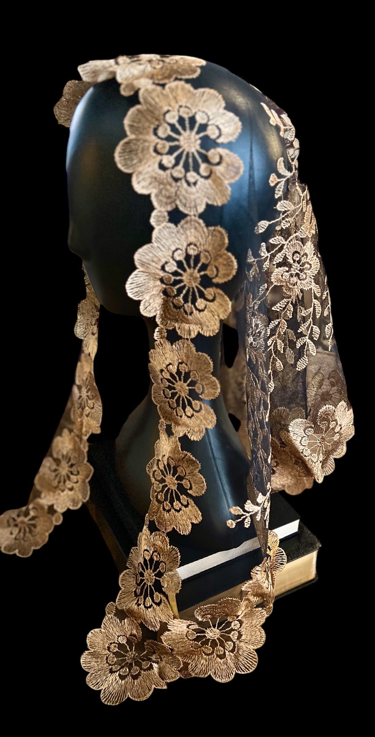 Gold on black lace traditional Catholic chapel veil mantilla