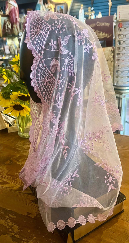 White and Lilac traditional latin mass chapel veil mantilla