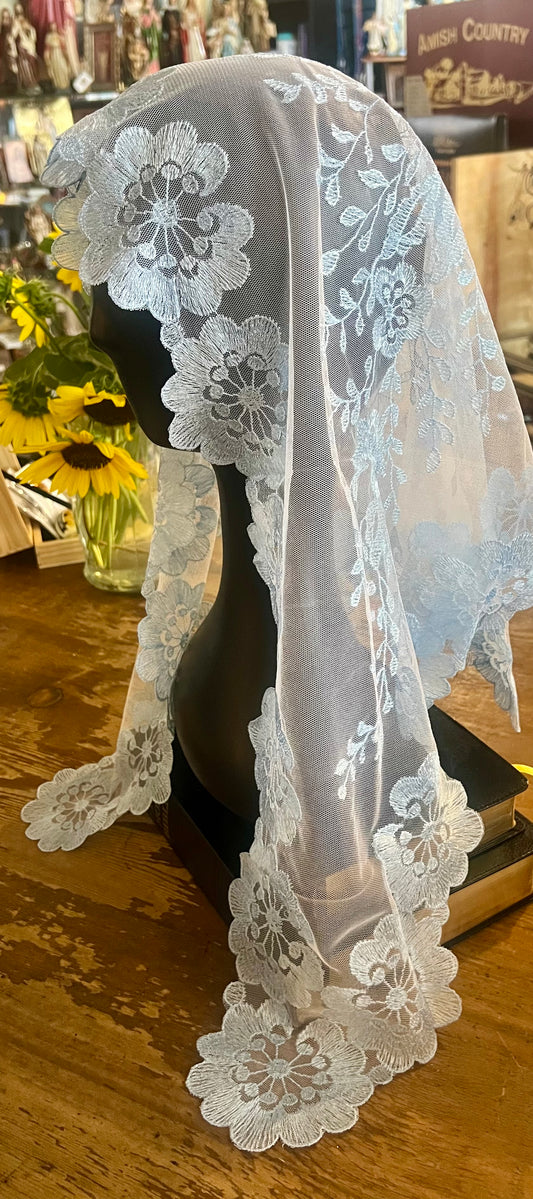 Blue on white traditional latin mass chapel veil mantilla