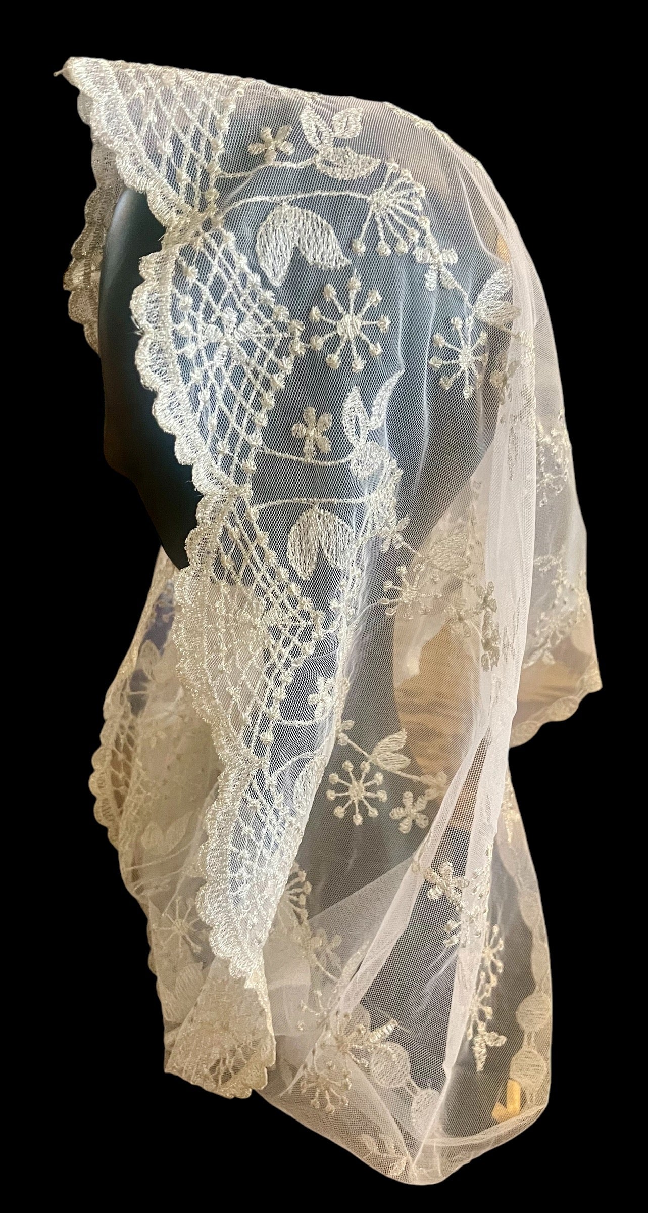 White and Metallic Infinity traditional Catholic chapel veil mantilla