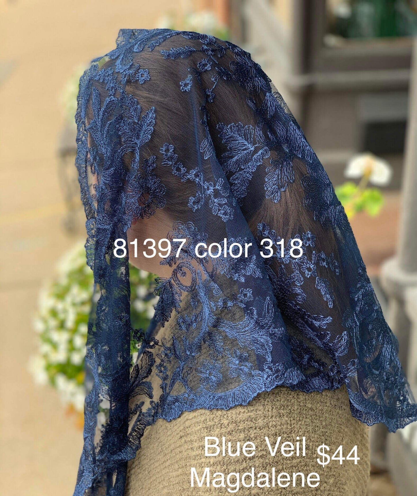 Blue on black traditional latin mass chapel veil mantilla