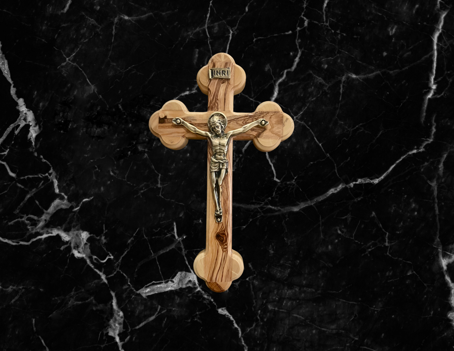 8" Olive Wood Crucifix with Scalloped Edges